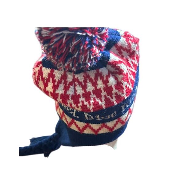 Pabst Blue Ribbon hat Pom beer PBR beanie earflaps w tassels red blue white - Picture 4 of 6